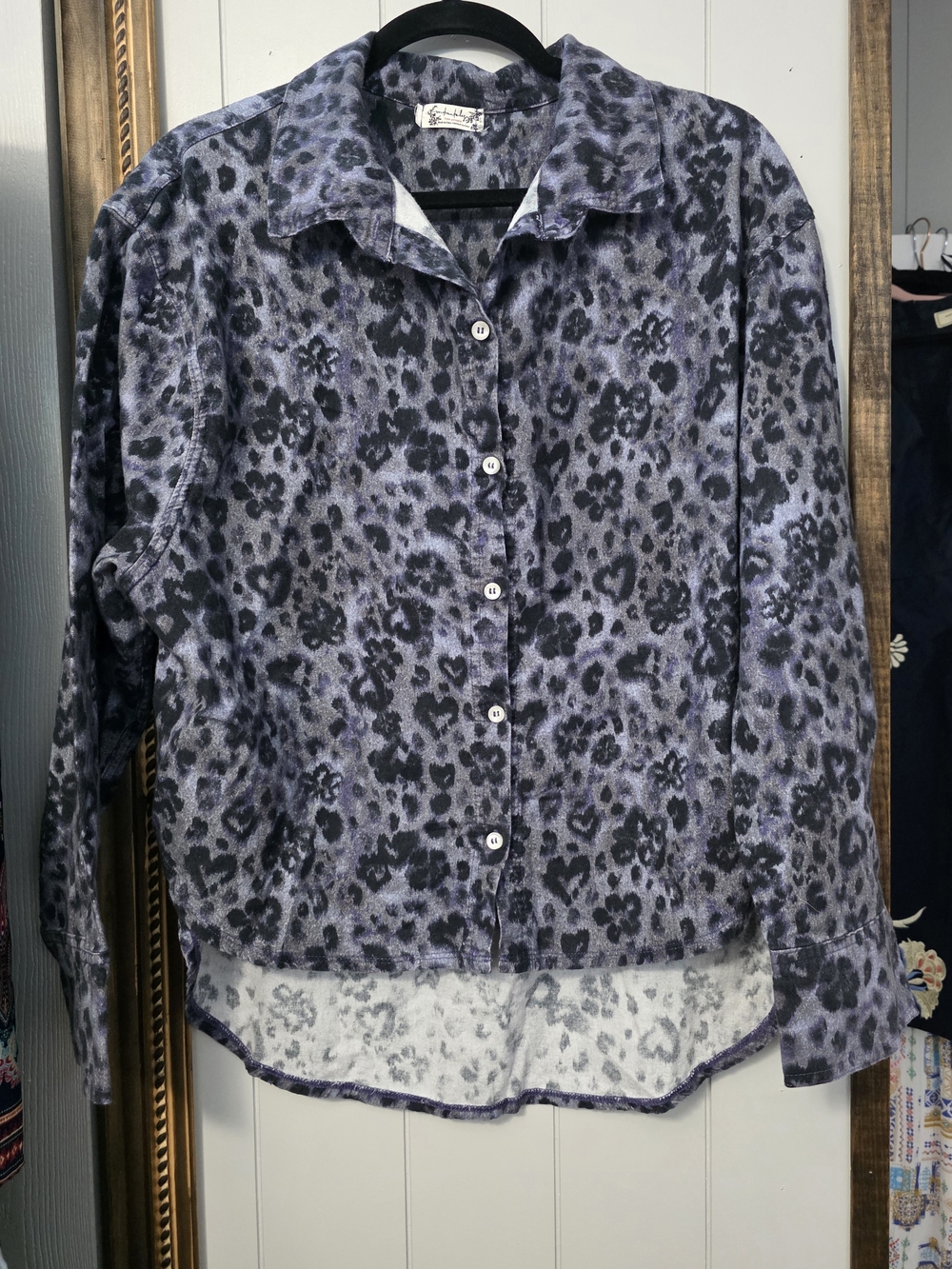 Free People Purplish and Black Leopard Button-Up Shirt